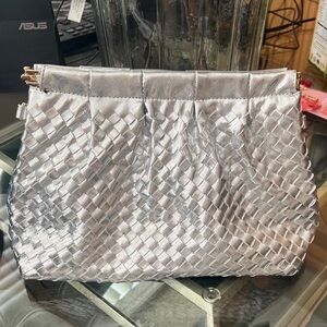 Modern Lux Metallic Silver Woven Clutch